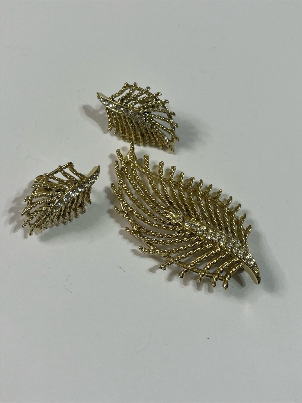 Goldtone Leaf Crystal Brooch and Earring Set - Jewelry VINTAGE MCM Art Deco
